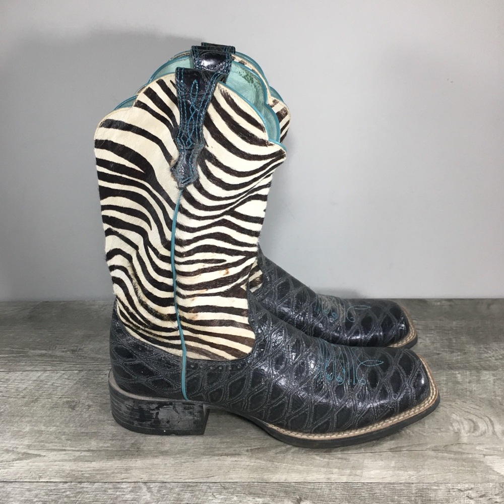 Ariat Black & White Zebra Print Western Ankle Boots with Teal Trim
